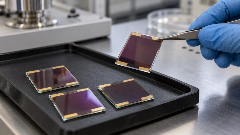 Thin-film photovoltaic test samples handled with laboratory tweezers